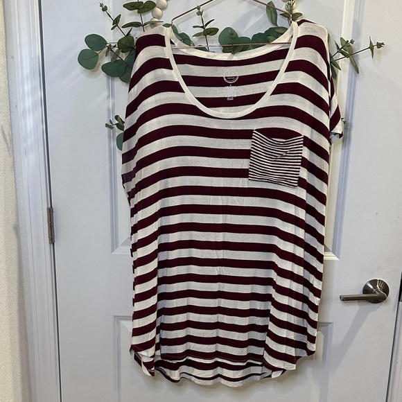 Maurices Tops - Maurices Burgundy and White Striped Short Sleeve Top